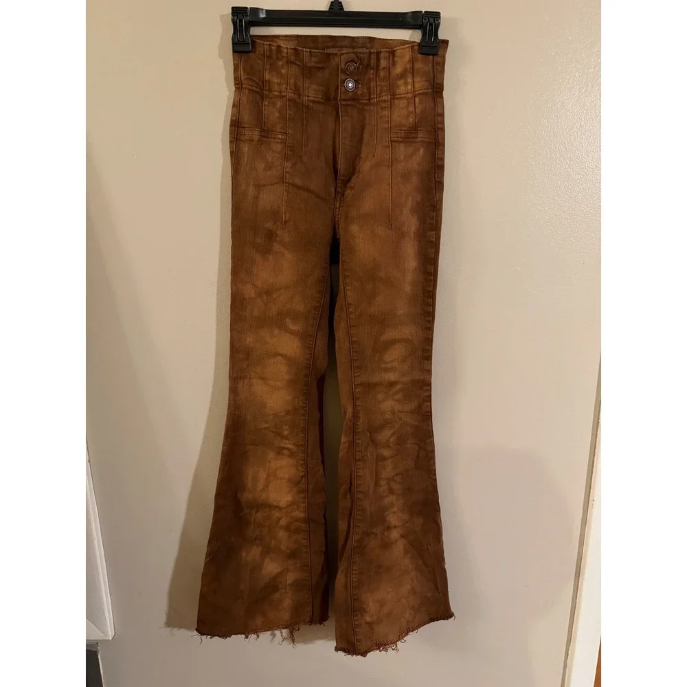 Free People We The Free Just Float On Flare Jeans Brown Tie Dye High Rise 24